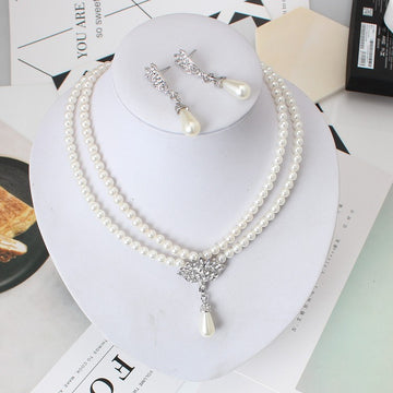 European & American Bridal Jewelry Set – Pearl Crystal Necklace & Earrings, Korean Style