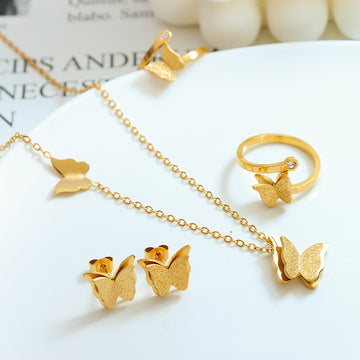 Frosted Butterfly Jewelry Set, Titanium Steel Necklace Earrings Ring, Cute Fashion Accessories